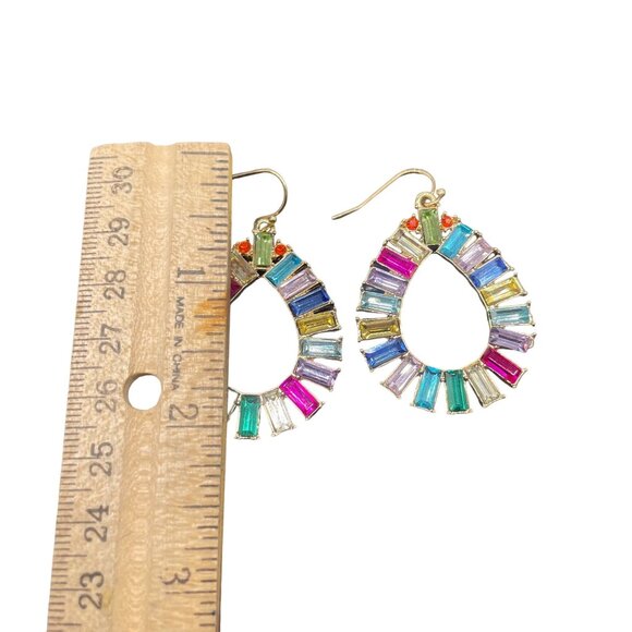 Multicolor Rhinestone Open Teardrop Earrings Gold Tone Rainbow Colorful - Picture 4 of 5